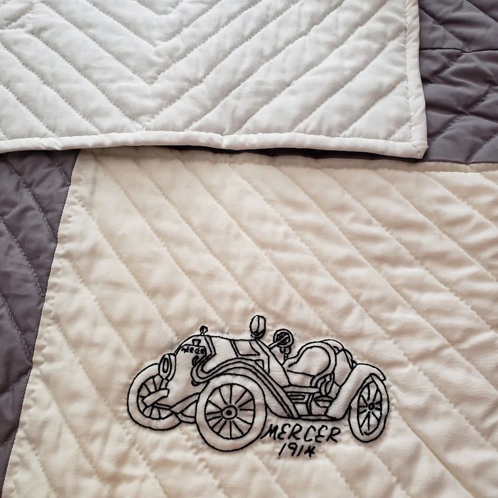 King Queen Quilt Embroidered Antique Cars Grey White Hand Stitched Needlepoint
